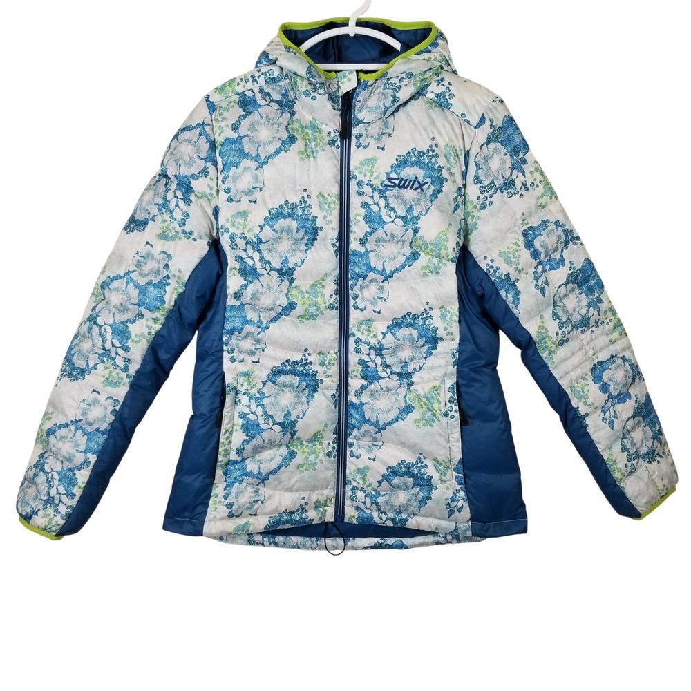 Swix Womens Floral Down Puffer Jacket Blue White Hooded Winter Coat Size L